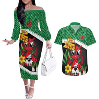 Saint David's Day Personalized Couples Matching Off The Shoulder Long Sleeve Dress and Hawaiian Shirt Green Welsh Dragon Daffodil Sheep Leak - Wonder Print Shop