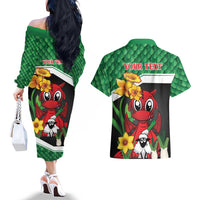 Saint David's Day Personalized Couples Matching Off The Shoulder Long Sleeve Dress and Hawaiian Shirt Green Welsh Dragon Daffodil Sheep Leak - Wonder Print Shop