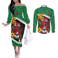 Saint David's Day Personalized Couples Matching Off The Shoulder Long Sleeve Dress and Long Sleeve Button Shirt Green Welsh Dragon Daffodil Sheep Leak - Wonder Print Shop