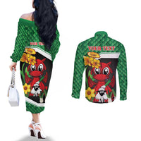 Saint David's Day Personalized Couples Matching Off The Shoulder Long Sleeve Dress and Long Sleeve Button Shirt Green Welsh Dragon Daffodil Sheep Leak - Wonder Print Shop
