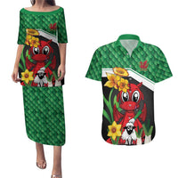 Saint David's Day Personalized Couples Matching Puletasi and Hawaiian Shirt Green Welsh Dragon Daffodil Sheep Leak - Wonder Print Shop