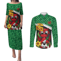 Saint David's Day Personalized Couples Matching Puletasi and Long Sleeve Button Shirt Green Welsh Dragon Daffodil Sheep Leak - Wonder Print Shop