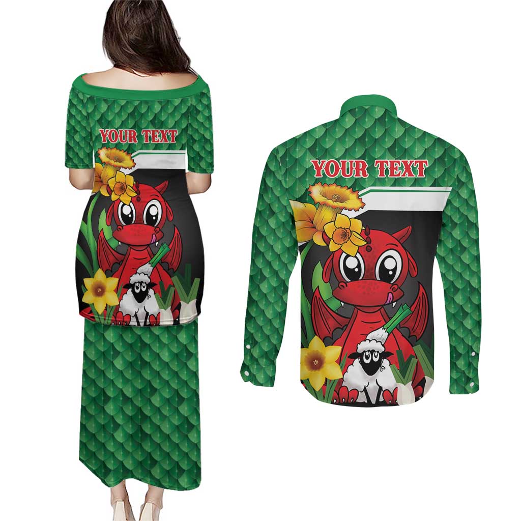 Saint David's Day Personalized Couples Matching Puletasi and Long Sleeve Button Shirt Green Welsh Dragon Daffodil Sheep Leak - Wonder Print Shop
