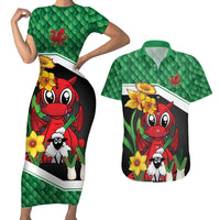 Saint David's Day Personalized Couples Matching Short Sleeve Bodycon Dress and Hawaiian Shirt Green Welsh Dragon Daffodil Sheep Leak - Wonder Print Shop