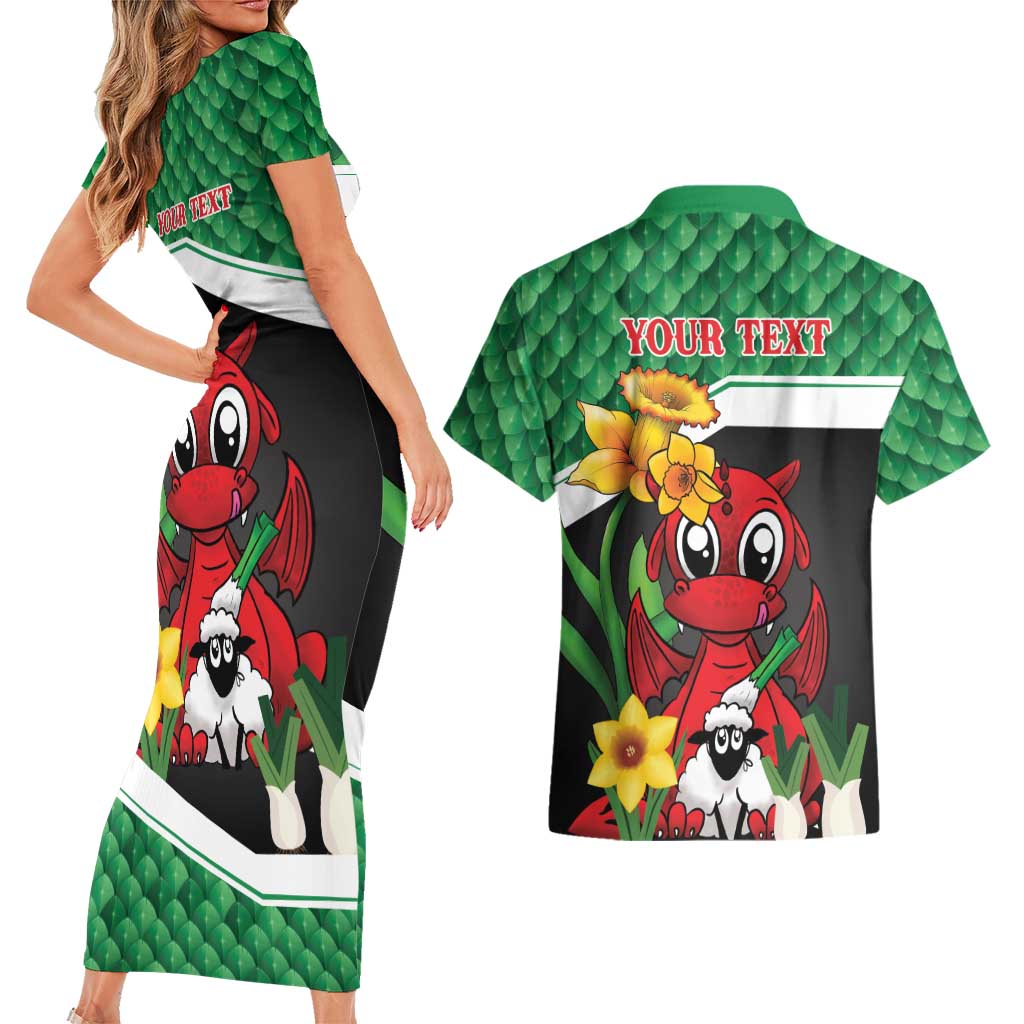 Saint David's Day Personalized Couples Matching Short Sleeve Bodycon Dress and Hawaiian Shirt Green Welsh Dragon Daffodil Sheep Leak - Wonder Print Shop