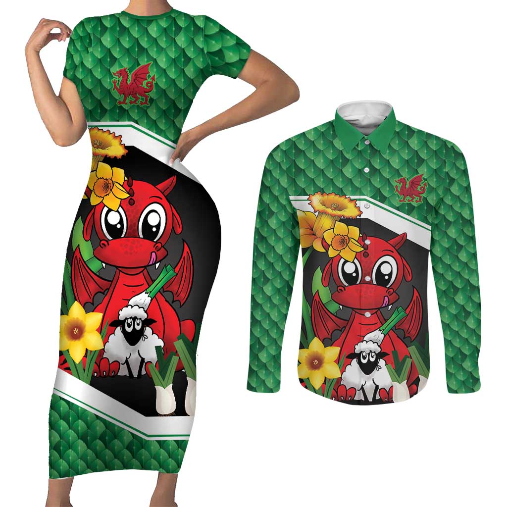 Saint David's Day Personalized Couples Matching Short Sleeve Bodycon Dress and Long Sleeve Button Shirt Green Welsh Dragon Daffodil Sheep Leak - Wonder Print Shop