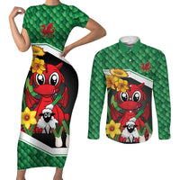 Saint David's Day Personalized Couples Matching Short Sleeve Bodycon Dress and Long Sleeve Button Shirt Green Welsh Dragon Daffodil Sheep Leak - Wonder Print Shop