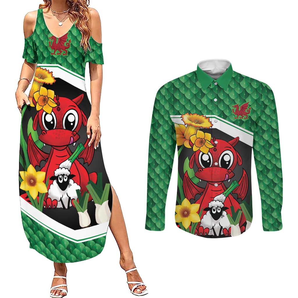 Saint David's Day Personalized Couples Matching Summer Maxi Dress and Long Sleeve Button Shirt Green Welsh Dragon Daffodil Sheep Leak - Wonder Print Shop