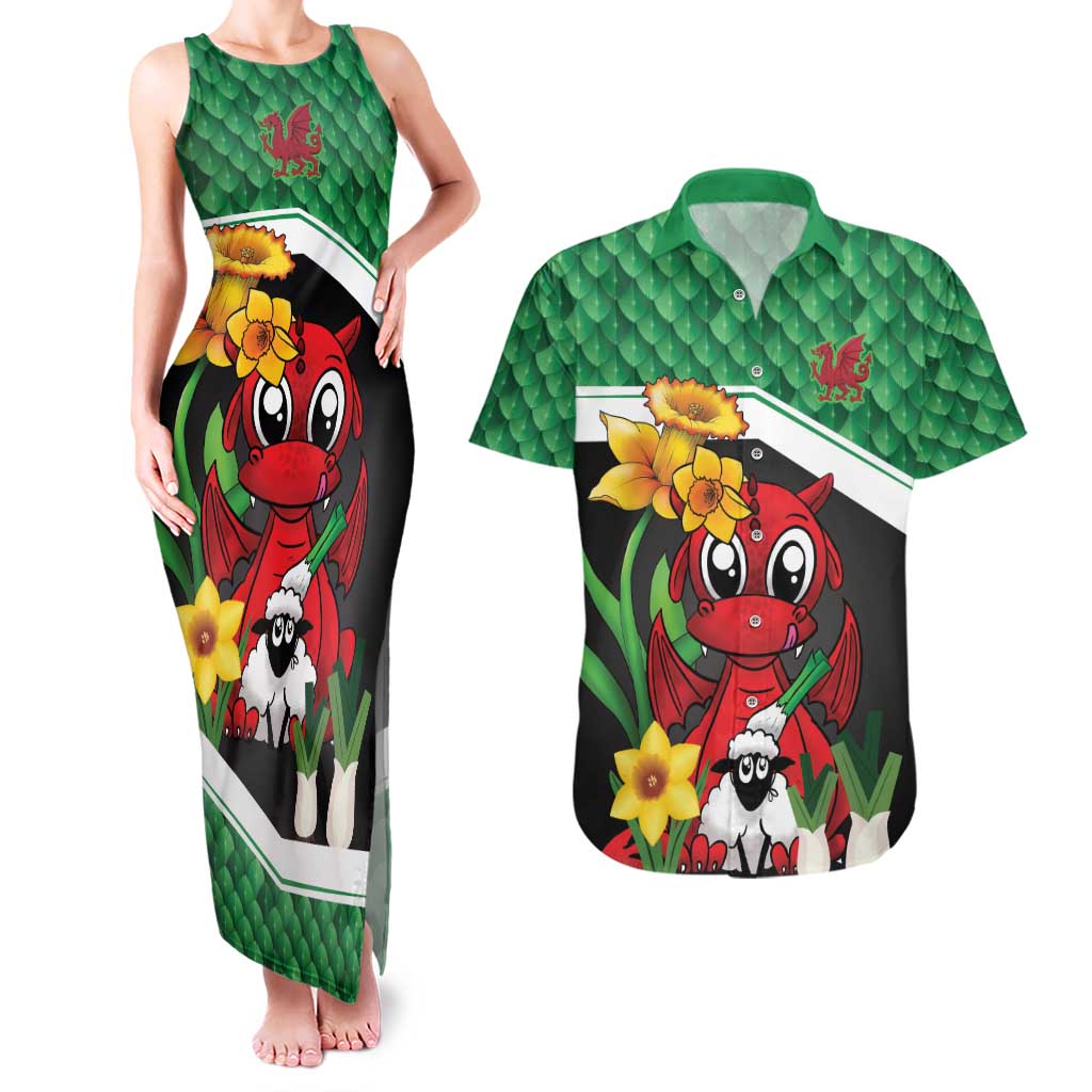 Saint David's Day Personalized Couples Matching Tank Maxi Dress and Hawaiian Shirt Green Welsh Dragon Daffodil Sheep Leak - Wonder Print Shop