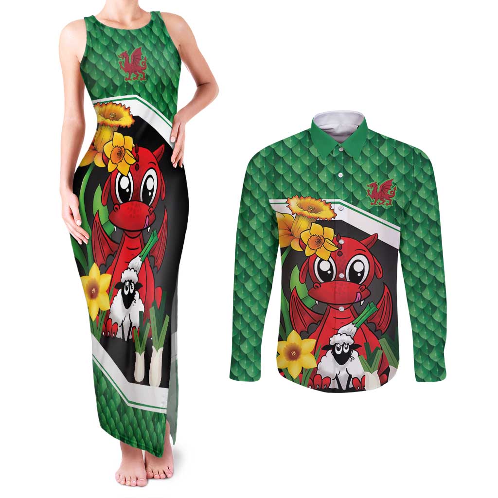 Saint David's Day Personalized Couples Matching Tank Maxi Dress and Long Sleeve Button Shirt Green Welsh Dragon Daffodil Sheep Leak - Wonder Print Shop