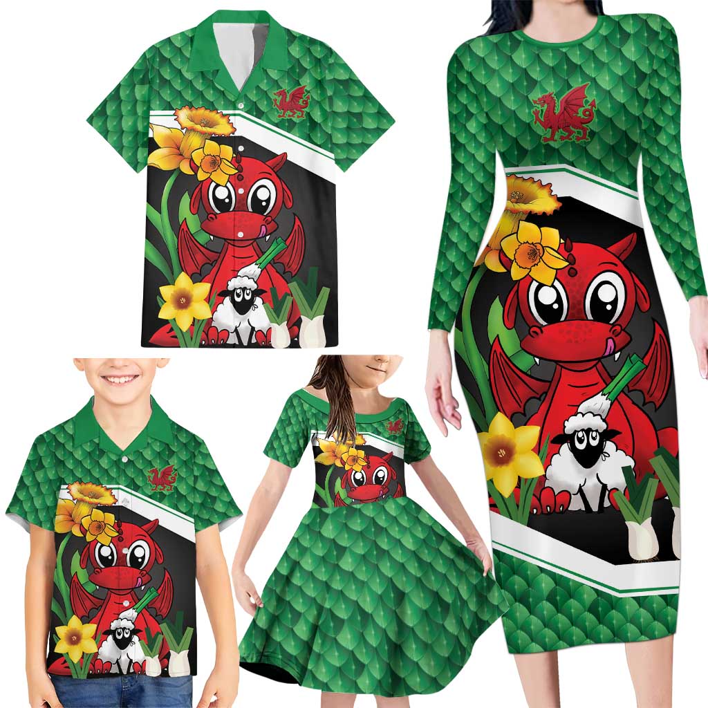 Saint David's Day Personalized Family Matching Long Sleeve Bodycon Dress and Hawaiian Shirt Green Welsh Dragon Daffodil Sheep Leak - Wonder Print Shop