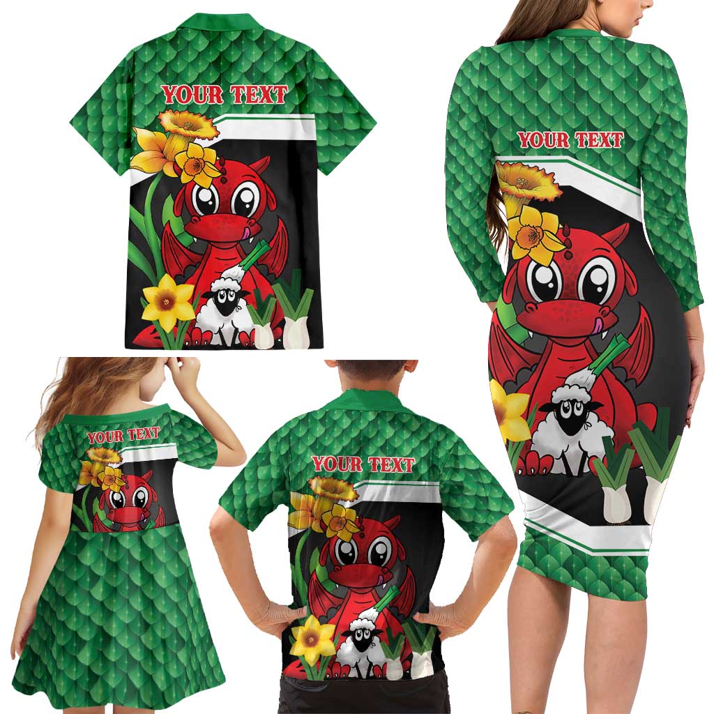 Saint David's Day Personalized Family Matching Long Sleeve Bodycon Dress and Hawaiian Shirt Green Welsh Dragon Daffodil Sheep Leak - Wonder Print Shop