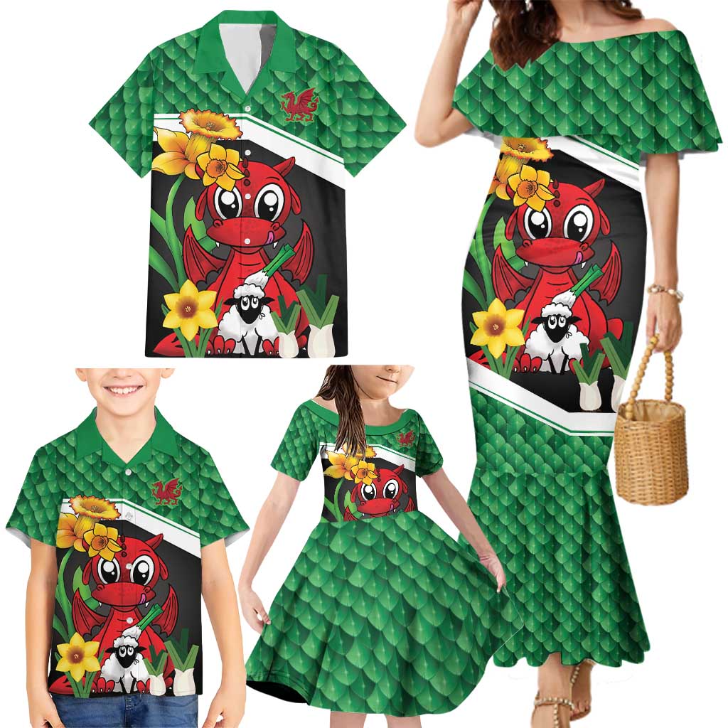Saint David's Day Personalized Family Matching Mermaid Dress and Hawaiian Shirt Green Welsh Dragon Daffodil Sheep Leak - Wonder Print Shop