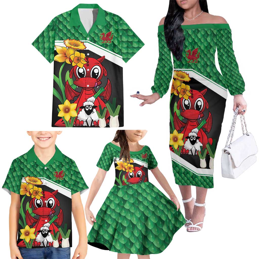 Saint David's Day Personalized Family Matching Off The Shoulder Long Sleeve Dress and Hawaiian Shirt Green Welsh Dragon Daffodil Sheep Leak - Wonder Print Shop