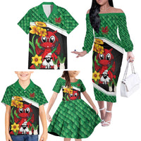Saint David's Day Personalized Family Matching Off The Shoulder Long Sleeve Dress and Hawaiian Shirt Green Welsh Dragon Daffodil Sheep Leak - Wonder Print Shop