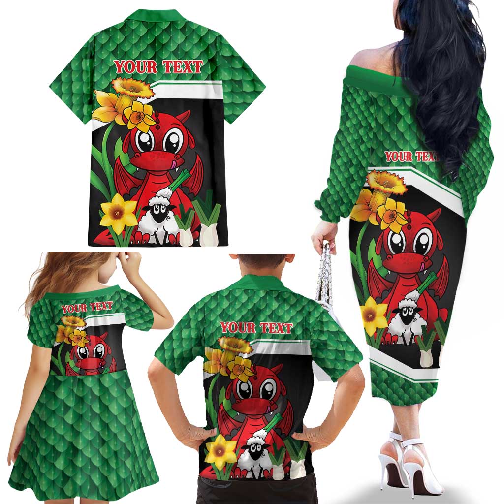 Saint David's Day Personalized Family Matching Off The Shoulder Long Sleeve Dress and Hawaiian Shirt Green Welsh Dragon Daffodil Sheep Leak - Wonder Print Shop