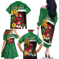 Saint David's Day Personalized Family Matching Off The Shoulder Long Sleeve Dress and Hawaiian Shirt Green Welsh Dragon Daffodil Sheep Leak - Wonder Print Shop