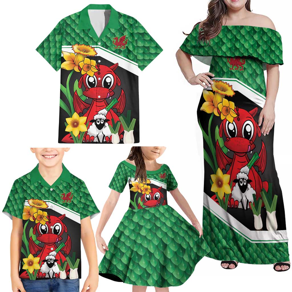Saint David's Day Personalized Family Matching Off Shoulder Maxi Dress and Hawaiian Shirt Green Welsh Dragon Daffodil Sheep Leak - Wonder Print Shop