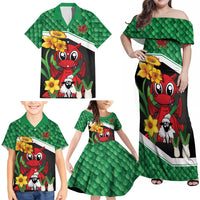 Saint David's Day Personalized Family Matching Off Shoulder Maxi Dress and Hawaiian Shirt Green Welsh Dragon Daffodil Sheep Leak - Wonder Print Shop