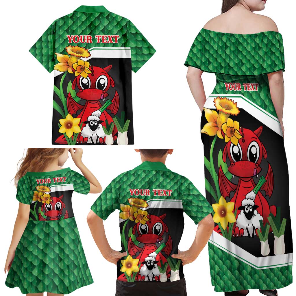 Saint David's Day Personalized Family Matching Off Shoulder Maxi Dress and Hawaiian Shirt Green Welsh Dragon Daffodil Sheep Leak - Wonder Print Shop