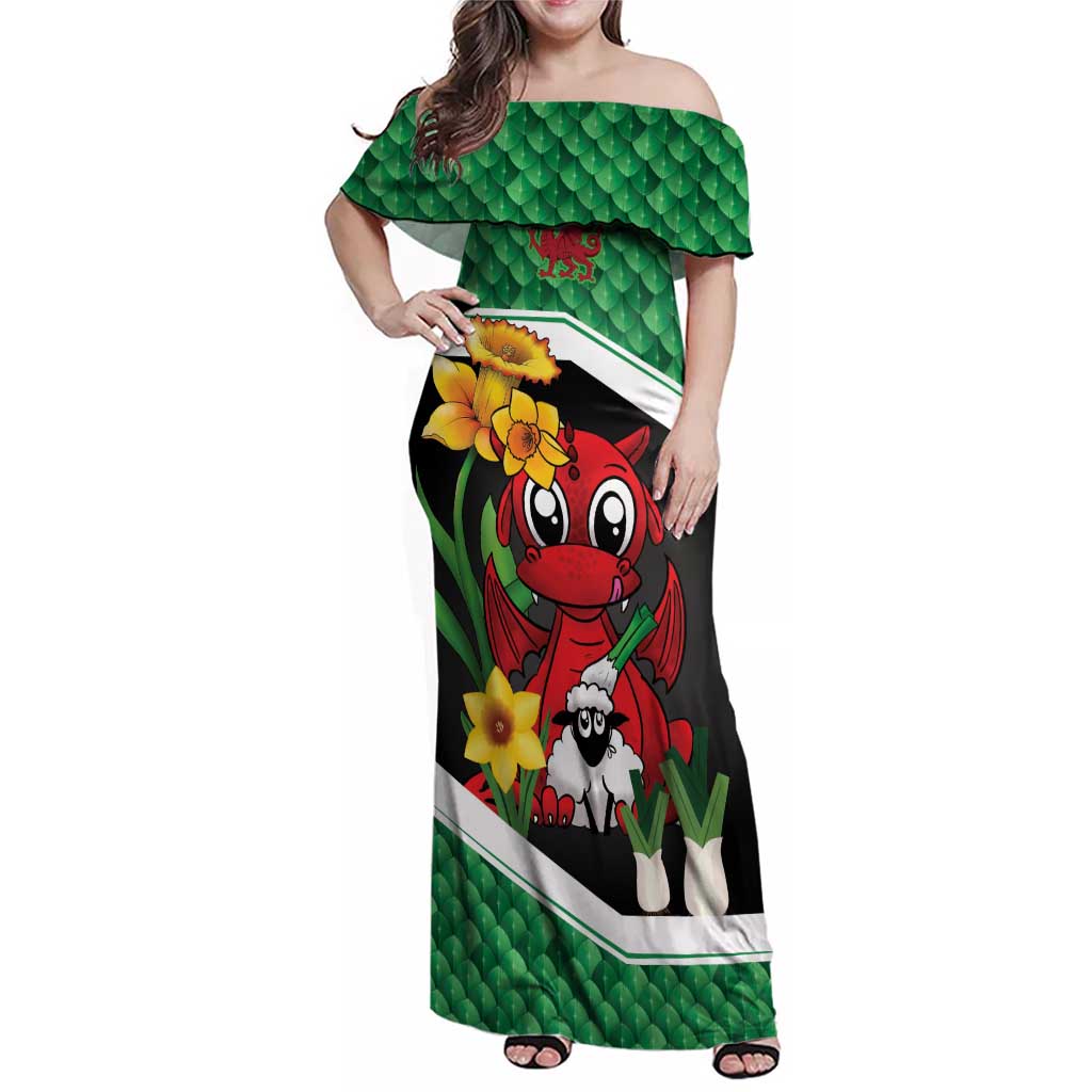 Saint David's Day Personalized Family Matching Off Shoulder Maxi Dress and Hawaiian Shirt Green Welsh Dragon Daffodil Sheep Leak - Wonder Print Shop