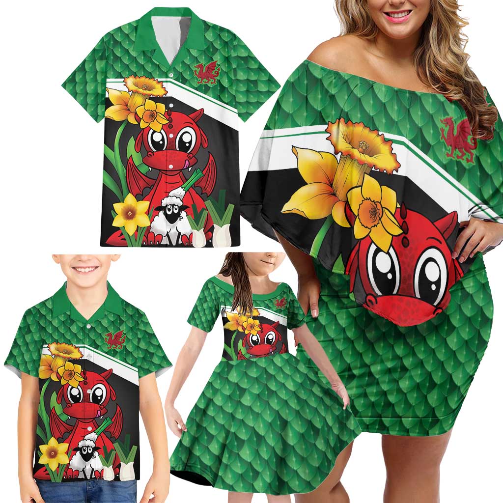 Saint David's Day Personalized Family Matching Off Shoulder Short Dress and Hawaiian Shirt Green Welsh Dragon Daffodil Sheep Leak - Wonder Print Shop