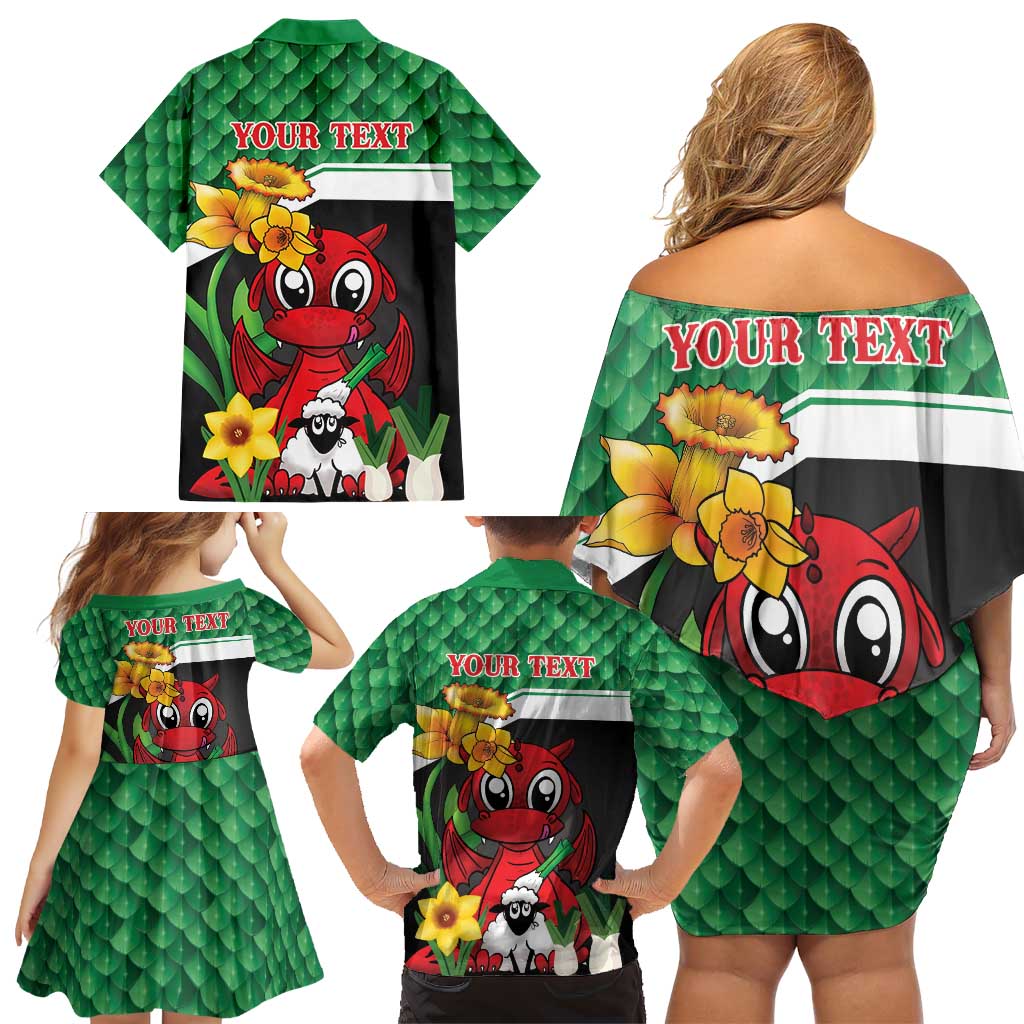 Saint David's Day Personalized Family Matching Off Shoulder Short Dress and Hawaiian Shirt Green Welsh Dragon Daffodil Sheep Leak - Wonder Print Shop
