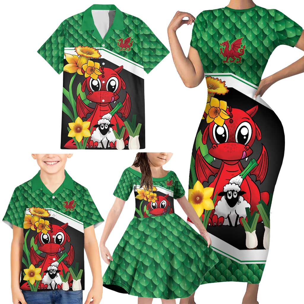 Saint David's Day Personalized Family Matching Short Sleeve Bodycon Dress and Hawaiian Shirt Green Welsh Dragon Daffodil Sheep Leak - Wonder Print Shop