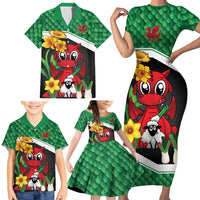 Saint David's Day Personalized Family Matching Short Sleeve Bodycon Dress and Hawaiian Shirt Green Welsh Dragon Daffodil Sheep Leak - Wonder Print Shop