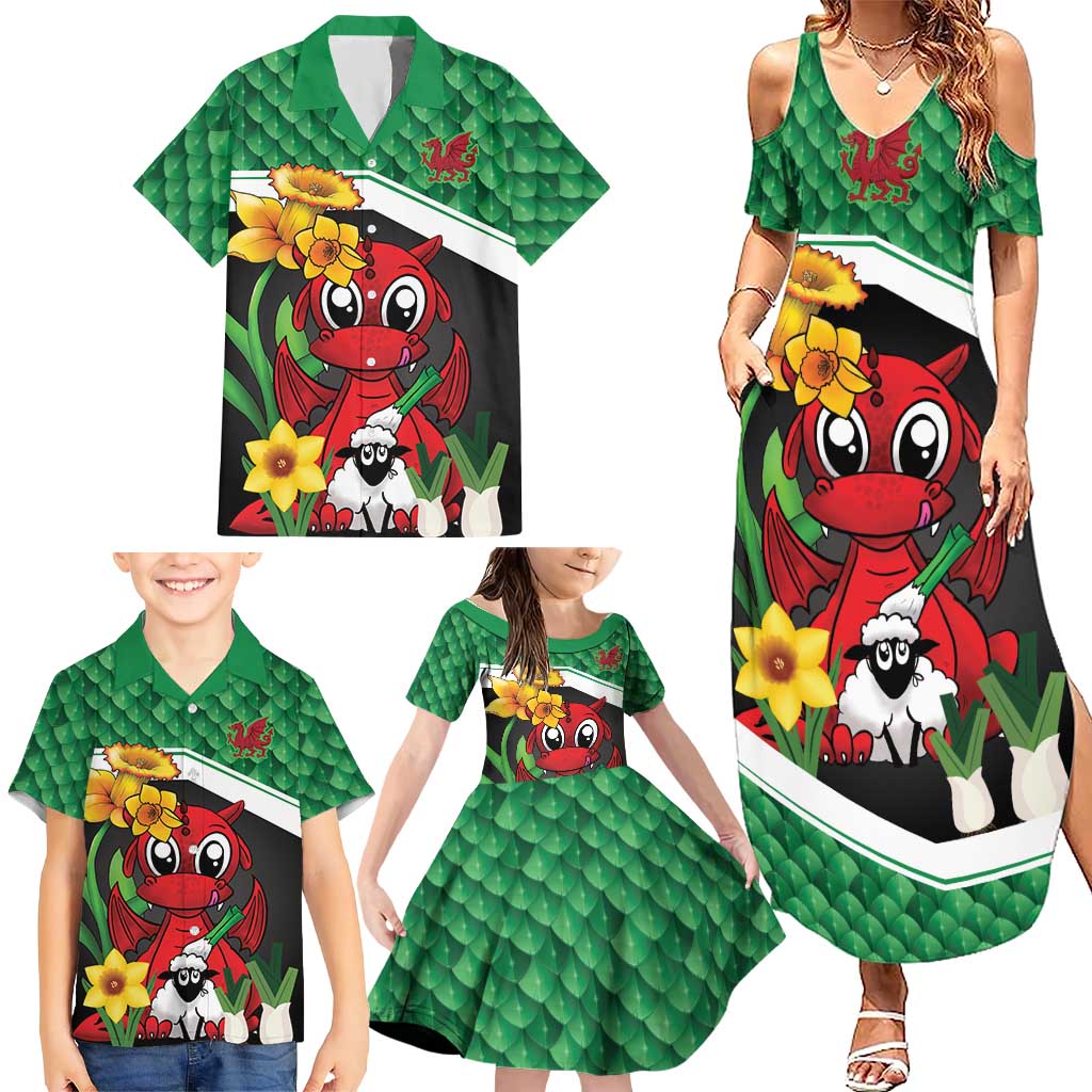 Saint David's Day Personalized Family Matching Summer Maxi Dress and Hawaiian Shirt Green Welsh Dragon Daffodil Sheep Leak - Wonder Print Shop