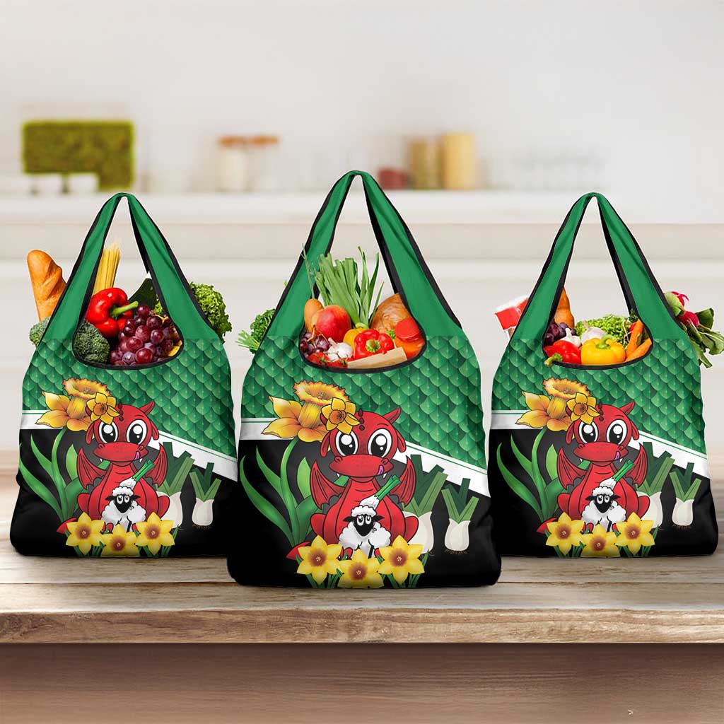 Saint David's Day Grocery Bag Green Welsh Dragon Daffodil Sheep Leak - Wonder Print Shop