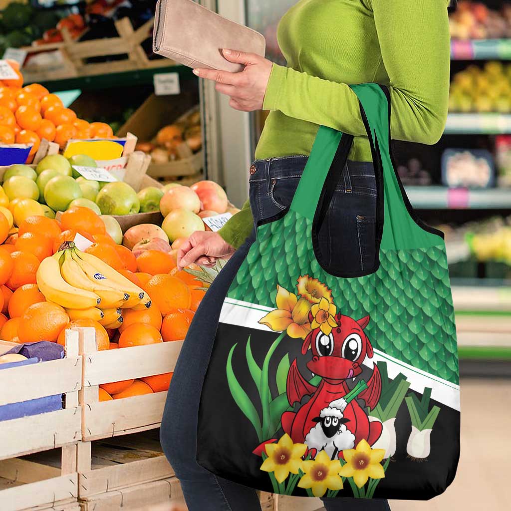 Saint David's Day Grocery Bag Green Welsh Dragon Daffodil Sheep Leak - Wonder Print Shop