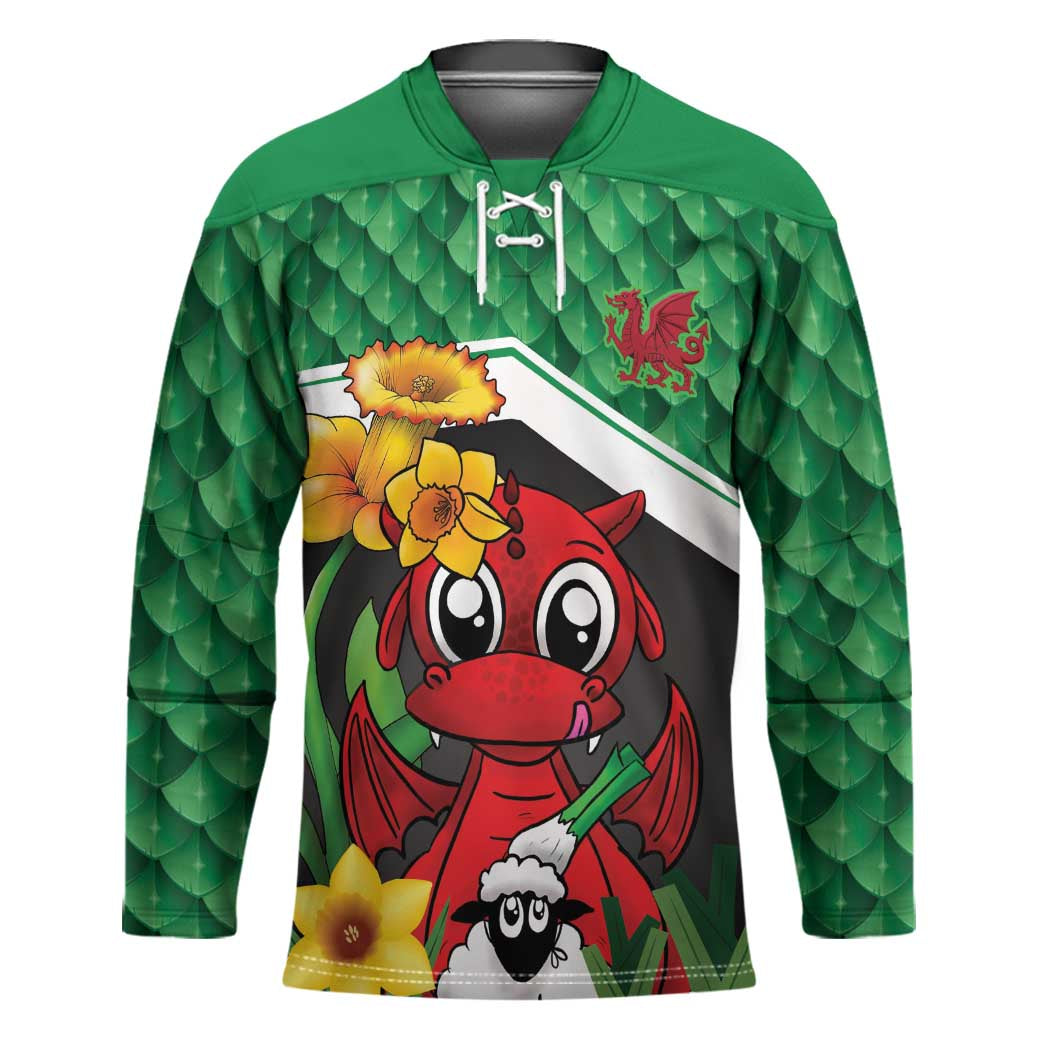 Saint David's Day Personalized Hockey Jersey Green Welsh Dragon Daffodil Sheep Leak - Wonder Print Shop