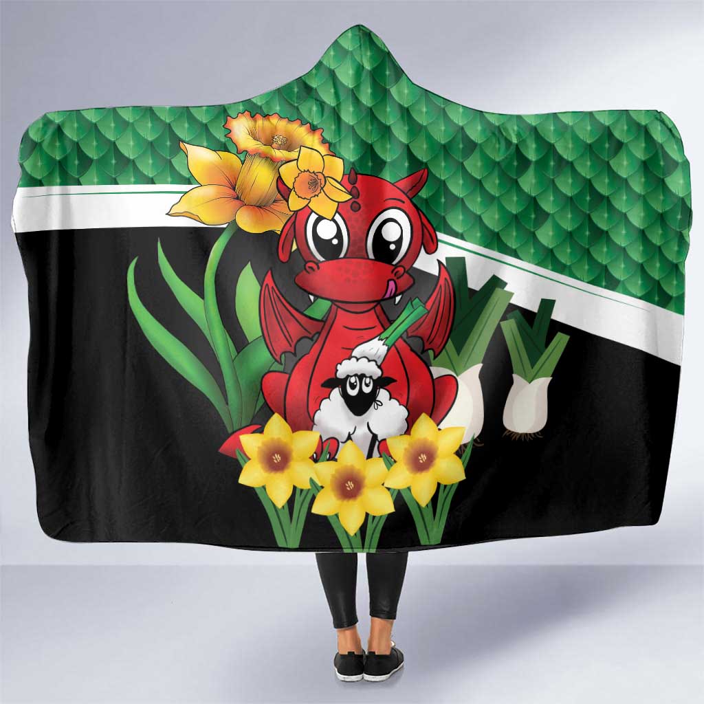 Saint David's Day Hooded Blanket Green Welsh Dragon Daffodil Sheep Leak - Wonder Print Shop