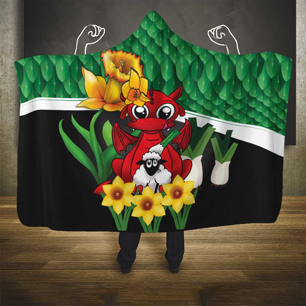 Saint David's Day Hooded Blanket Green Welsh Dragon Daffodil Sheep Leak - Wonder Print Shop