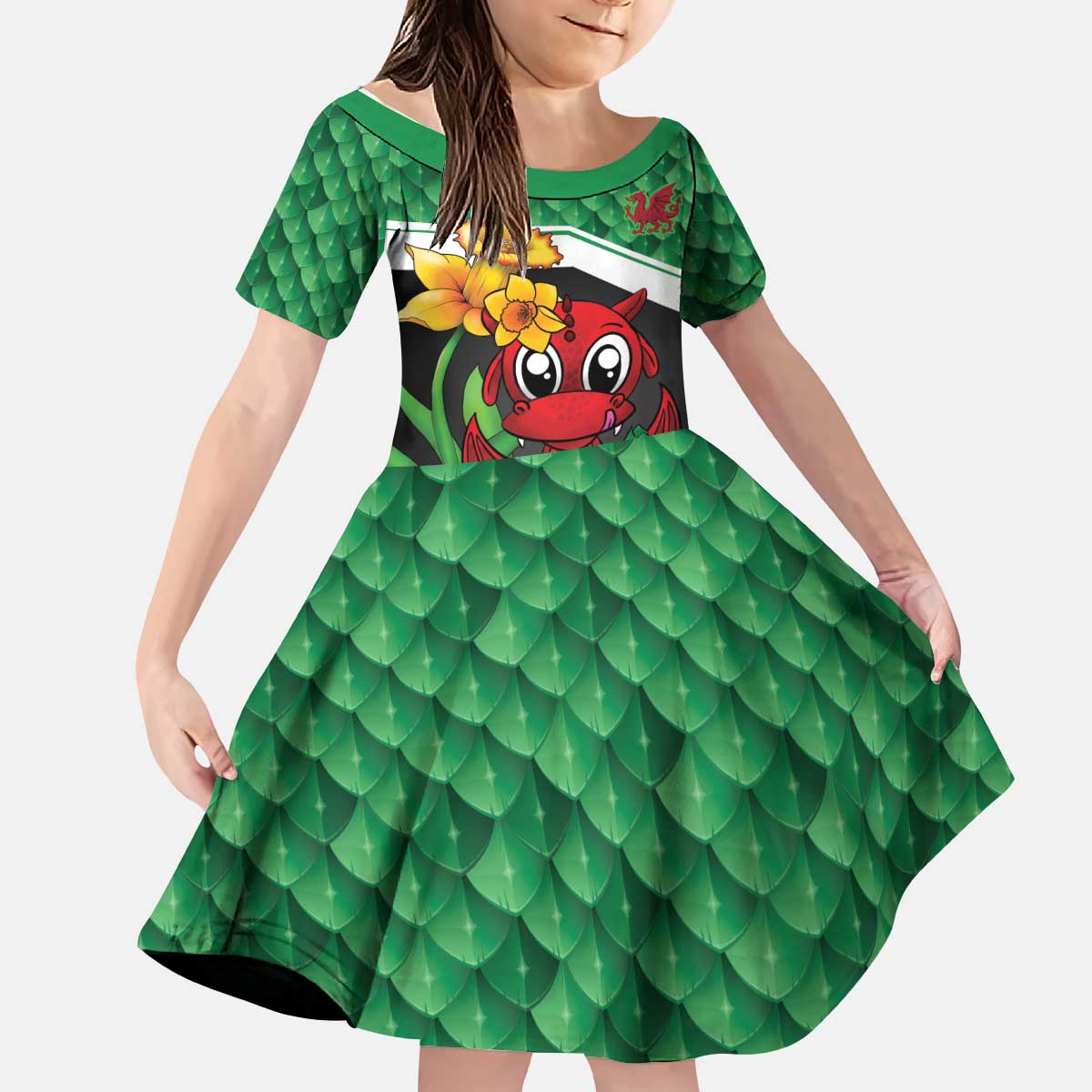 Saint David's Day Personalized Kid Short Sleeve Dress Green Welsh Dragon Daffodil Sheep Leak - Wonder Print Shop