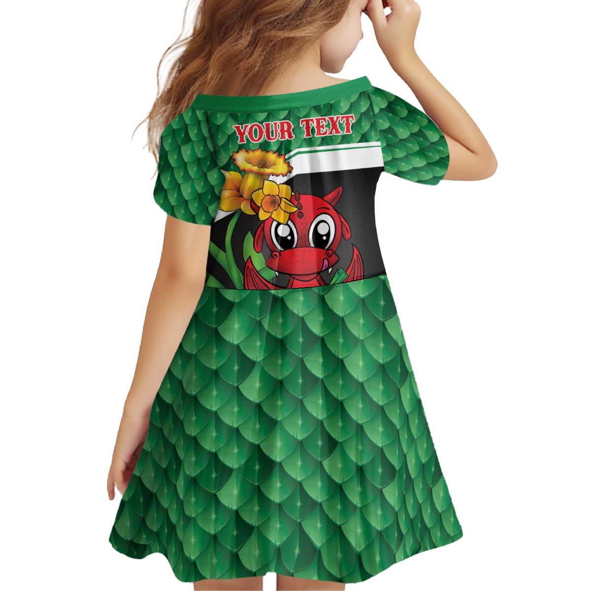 Saint David's Day Personalized Kid Short Sleeve Dress Green Welsh Dragon Daffodil Sheep Leak - Wonder Print Shop