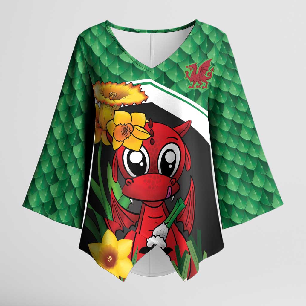 Saint David's Day Personalized Kimono Sleeve Blouse Green Welsh Dragon Daffodil Sheep Leak - Wonder Print Shop