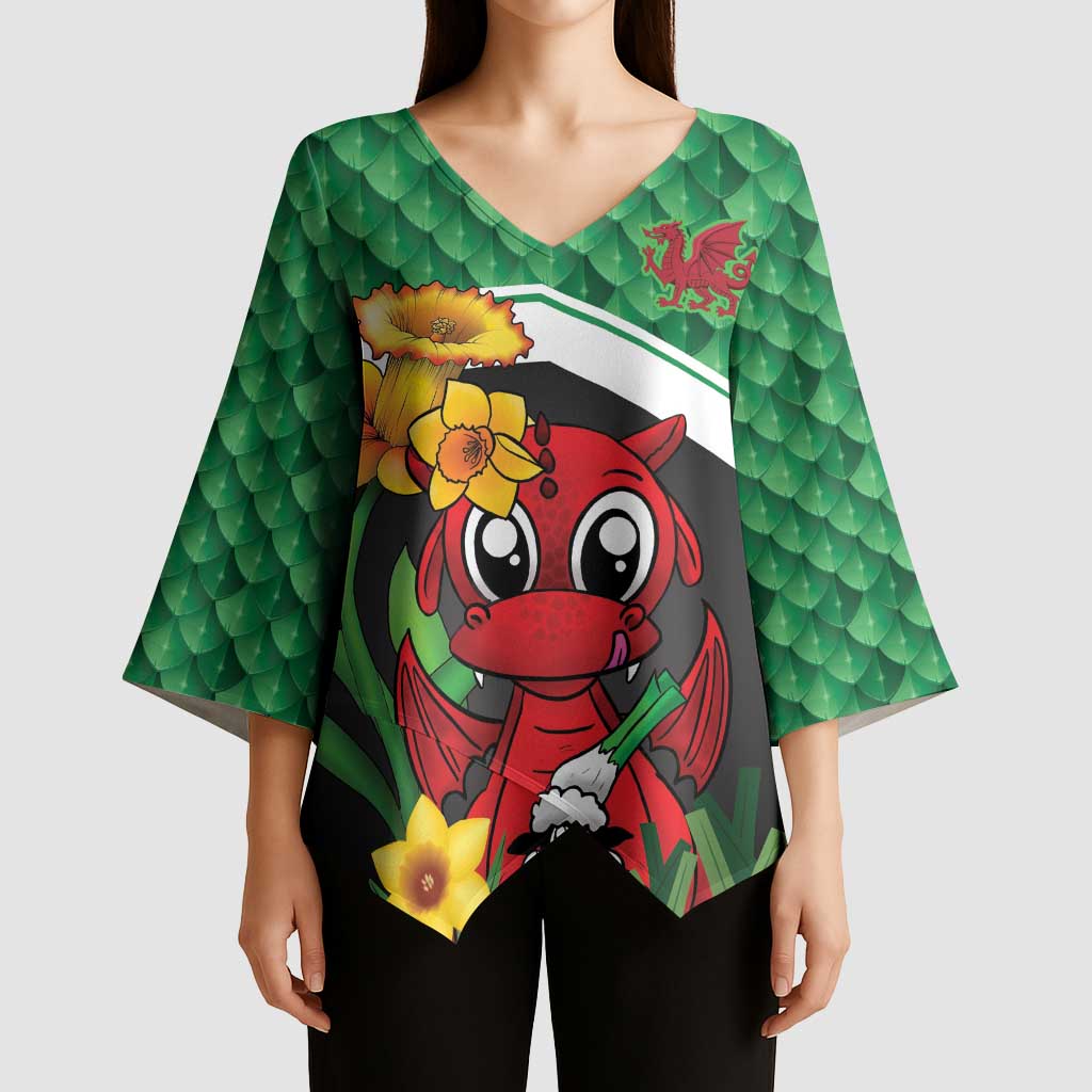 Saint David's Day Personalized Kimono Sleeve Blouse Green Welsh Dragon Daffodil Sheep Leak - Wonder Print Shop