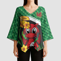Saint David's Day Personalized Kimono Sleeve Blouse Green Welsh Dragon Daffodil Sheep Leak - Wonder Print Shop