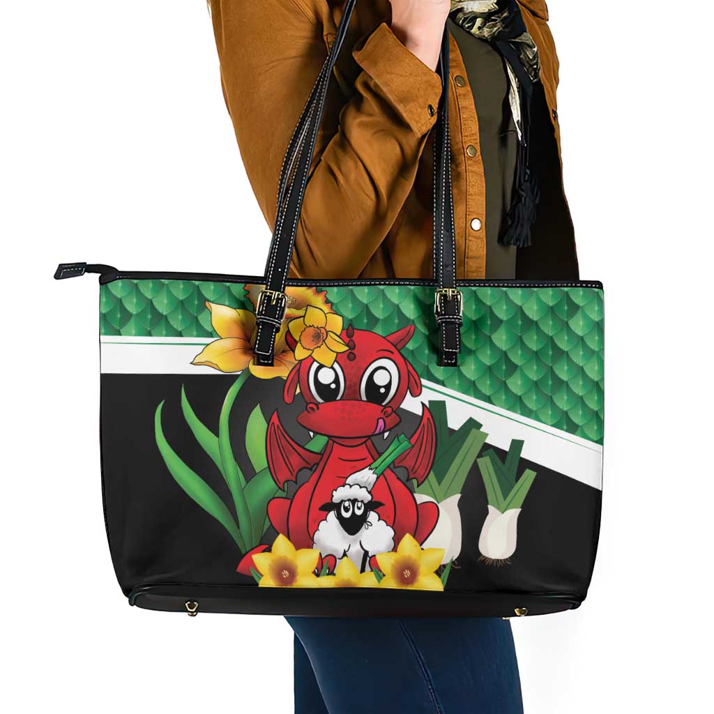 Saint David's Day Leather Tote Bag Green Welsh Dragon Daffodil Sheep Leak - Wonder Print Shop