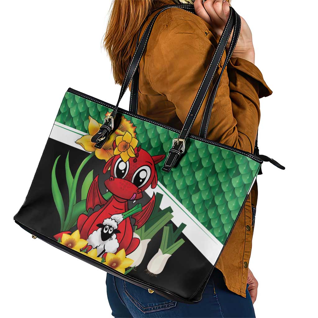Saint David's Day Leather Tote Bag Green Welsh Dragon Daffodil Sheep Leak - Wonder Print Shop