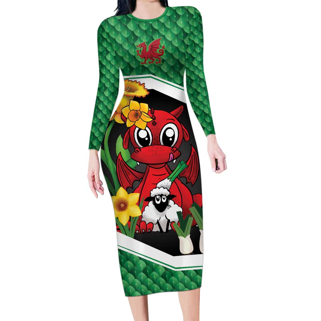 Saint David's Day Personalized Long Sleeve Bodycon Dress Green Welsh Dragon Daffodil Sheep Leak - Wonder Print Shop