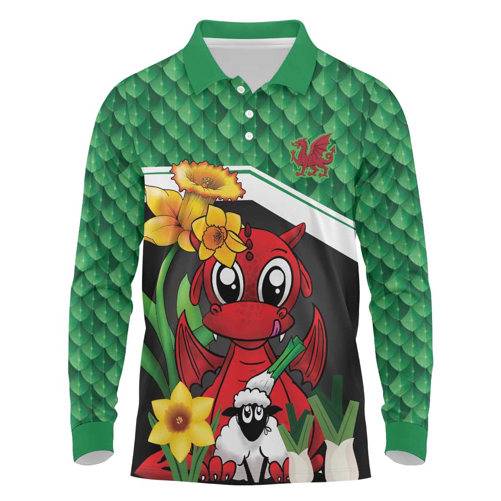 Saint David's Day Personalized Long Sleeve Polo Shirt Green Welsh Dragon Daffodil Sheep Leak - Wonder Print Shop