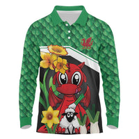 Saint David's Day Personalized Long Sleeve Polo Shirt Green Welsh Dragon Daffodil Sheep Leak - Wonder Print Shop