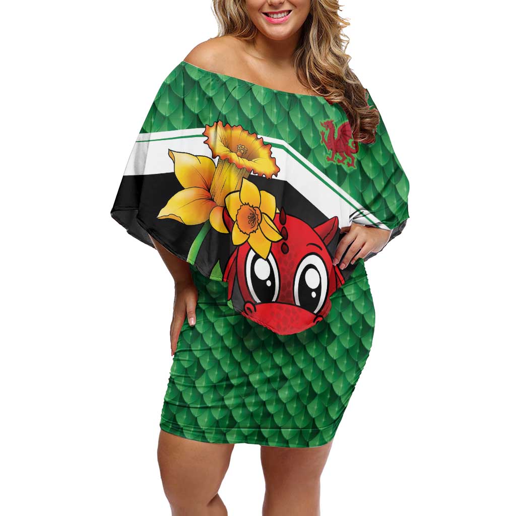 Saint David's Day Personalized Off Shoulder Short Dress Green Welsh Dragon Daffodil Sheep Leak - Wonder Print Shop