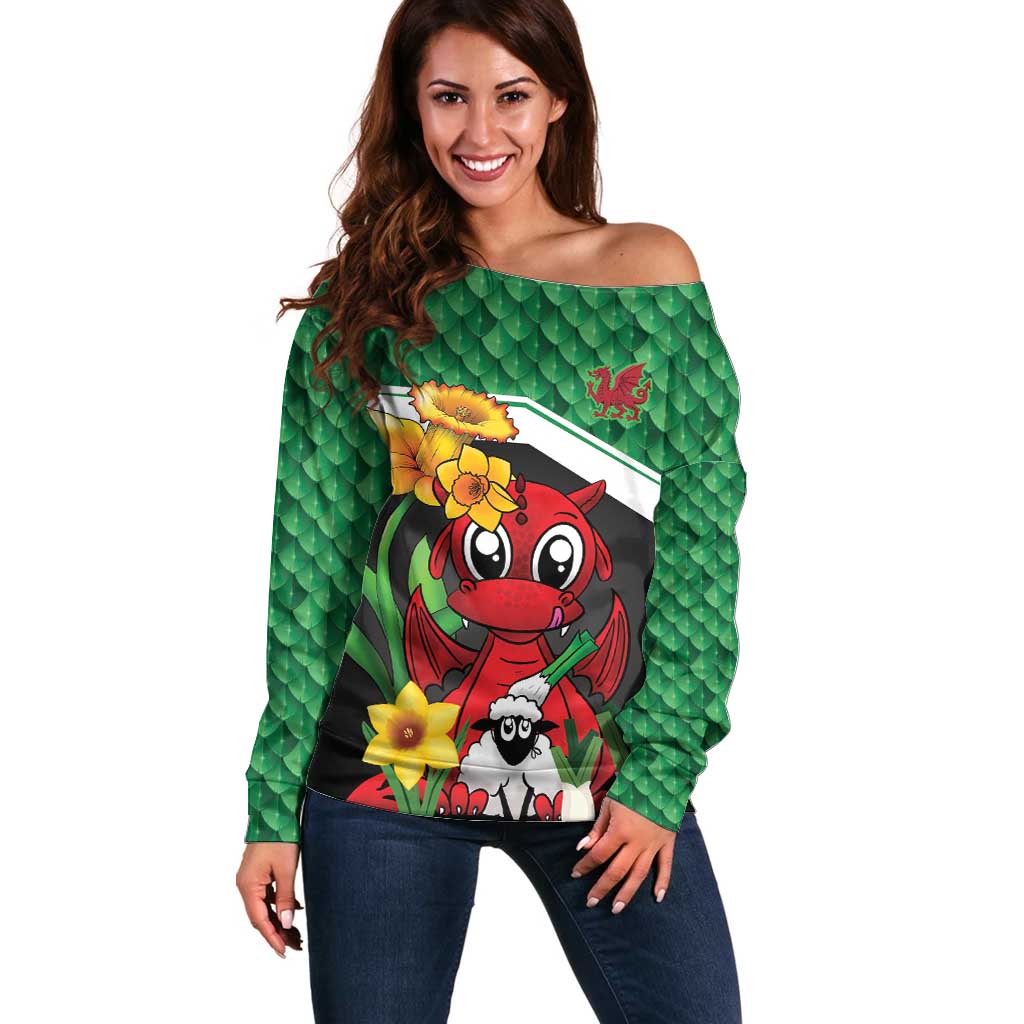 Saint David's Day Personalized Off Shoulder Sweater Green Welsh Dragon Daffodil Sheep Leak - Wonder Print Shop
