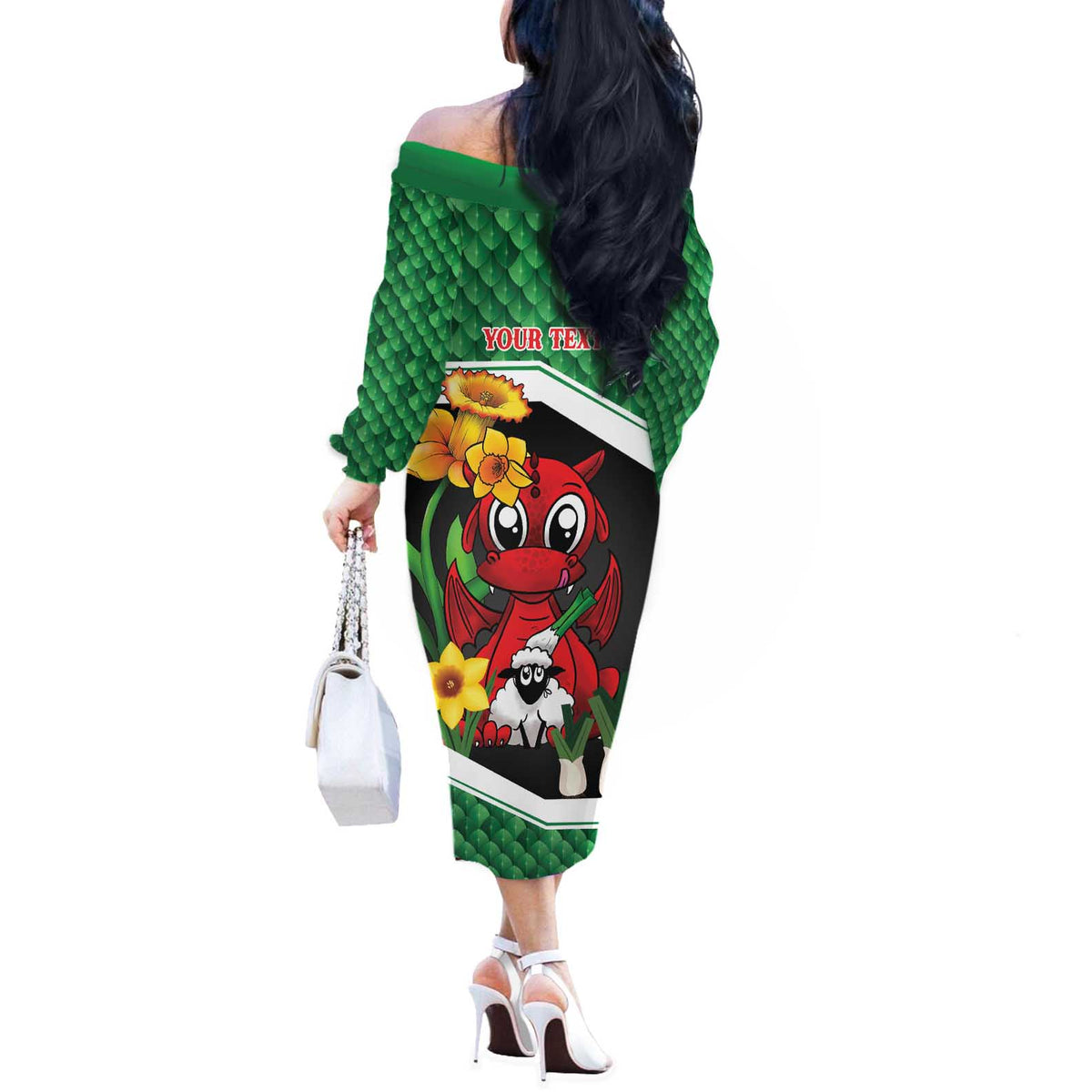 Saint David's Day Personalized Off The Shoulder Long Sleeve Dress Green Welsh Dragon Daffodil Sheep Leak - Wonder Print Shop