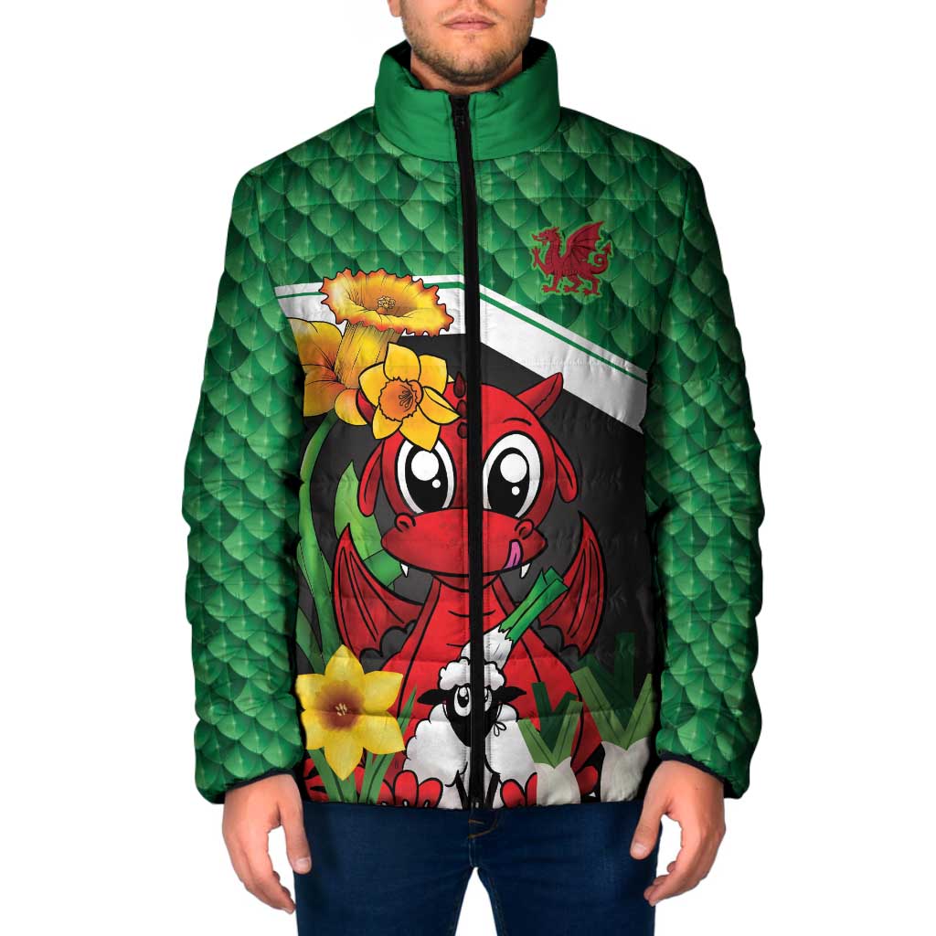 Saint David's Day Personalized Padded Jacket Green Welsh Dragon Daffodil Sheep Leak - Wonder Print Shop