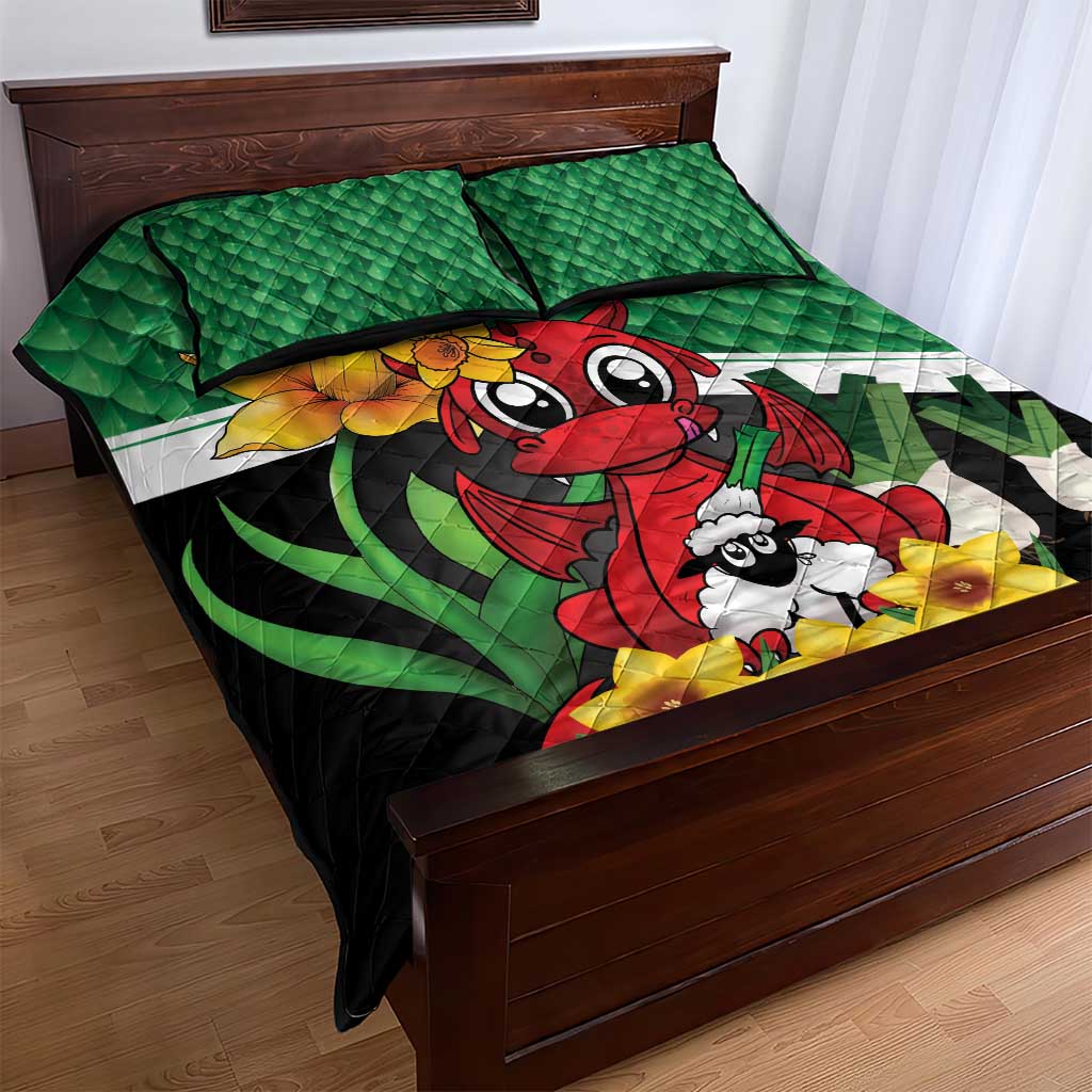 Saint David's Day Quilt Bed Set Green Welsh Dragon Daffodil Sheep Leak - Wonder Print Shop